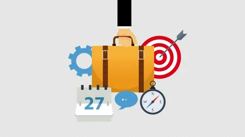 Business Briefcase with Calendar Compass Target and Gear Icons Animation Stock Footage 339768595