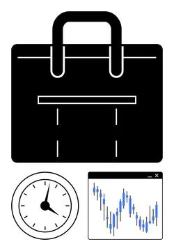 Business briefcase, clock with hands pointing to 1010, stock market chart wit Stock Illustration