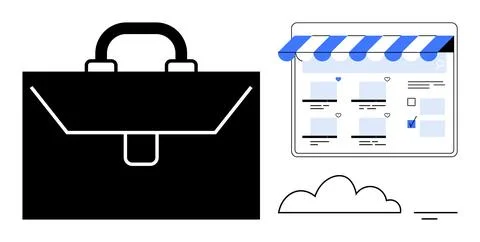 Business briefcase, online storefront interface, and cloud icon in a minimali Illustrazione stock