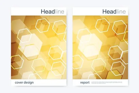 Business brochure design template. Vector flyer layout, abstract golden hex.. Stock Illustration