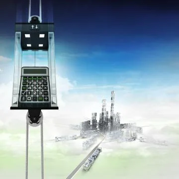Business calculator in sky space elevator concept above city illustration Ilustración de archivo
