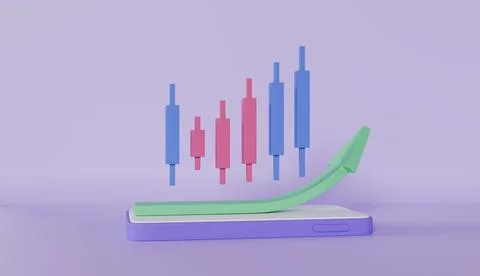 Business candle stick graph chart with rising arrow on mobile Stock Illustration