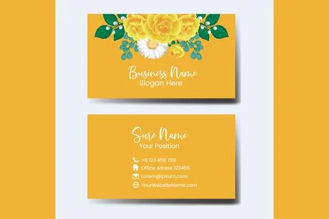 Business Card Template Yellow Rose Flower .Double-sided Blue Colors. Flat D.. Stock Illustration