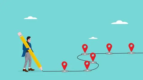 Business career process flat vector illustration with businessman using pen.. 스톡 일러스트