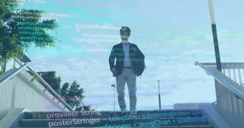 Business-casual man stepping down overpass steps, causing tech code scroll and Stock Footage 313554229