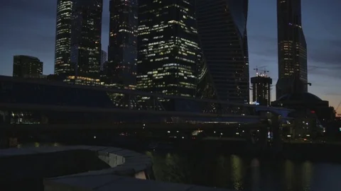 Business center in Moscow at evening with moving traffic. Stock Footage 74931053