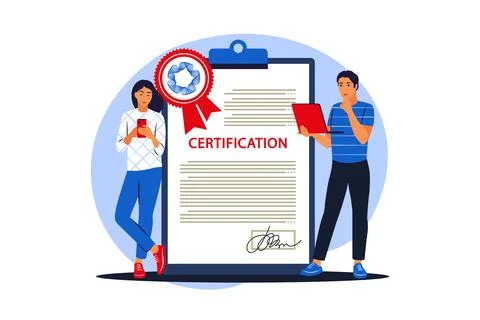 Business certificate and development concept. Young people woman and man stan Stock-Illustration