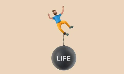 Business character chained to a large falling life ball. 3D Rendering Stock Illustration