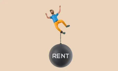 Business character chained to a large falling rent ball. 3D Rendering Stock Illustration