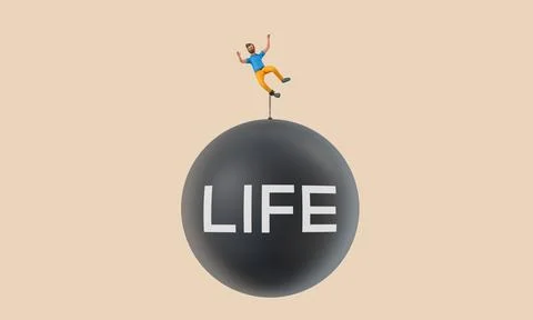 Business character chained to a large falling life ball. 3D Rendering Illustrazione stock