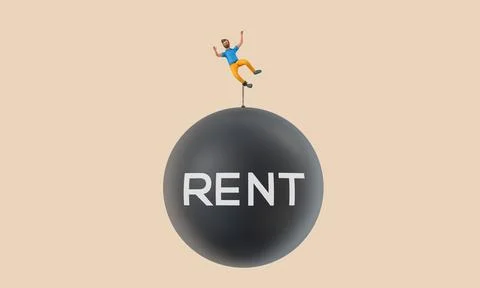 Business character chained to a large falling rent ball. 3D Rendering Stock Illustration