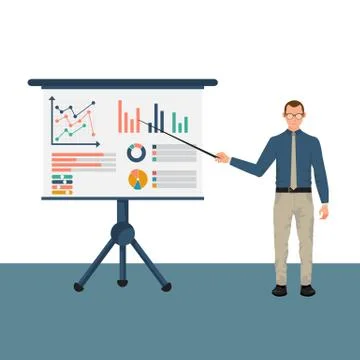 Business character in suit with pointer in hand presenting. Stock Illustration