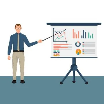 Business character in suit with pointer in hand presenting. Stock Illustration