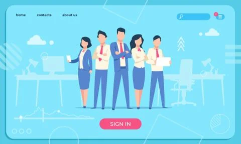 Business characters web page. Flat office people cartoon funny male and woman Stock Illustration