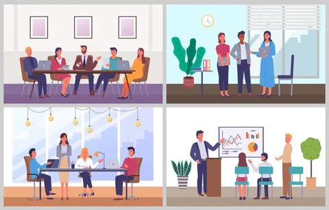 Business characters working at workplaces at the table with computers Illustrazione stock