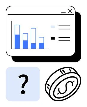 Business chart in a browser showing data, accompanied by a question mark and  Stock Illustration