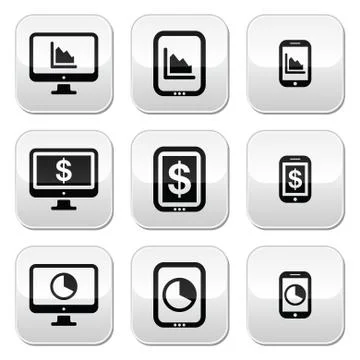 Business, chart on computer, tablet, smartphone vector buttons set Illustrazione stock