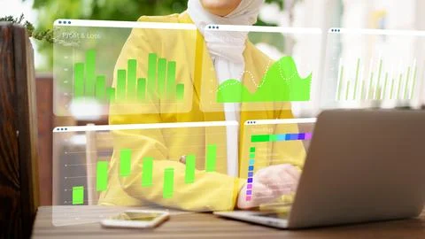 Business chart displayed on screen of computer during digital meeting in modern Fotos Stock