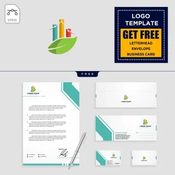 Business Chart with leaf logo template and stationery Stock Illustration