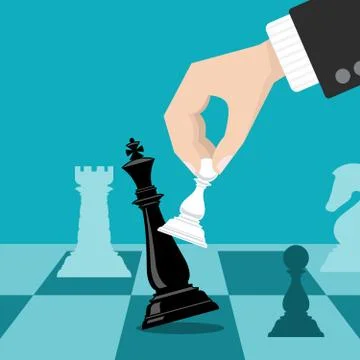 Business checkmate strategy vector concept with hand holding chess pawn knocking Stock Illustration