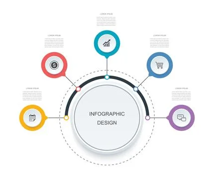 Business circular infographic with five options process diagram template. Stock Illustration
