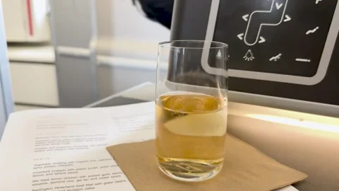Business Class Sparkling Wine Served on Airplane Tray Table Stock Footage 320150078