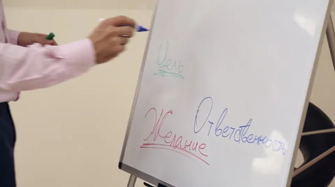 A business coach writes with markers on tablet board Stock Footage 67353766