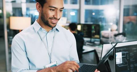 Business, coding and man in office, laptop and software update with digital app Stock Photos
