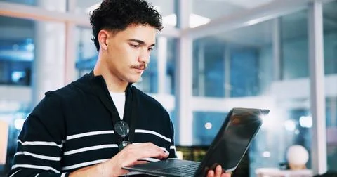 Business, coding and man with programming, laptop and software update with app Stock-Fotos