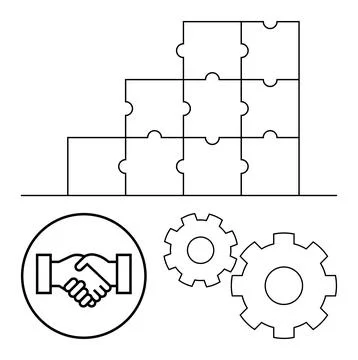 Business Collaboration Elements Including Handshake, Puzzle Pieces, and Gea.. Stockillustratie