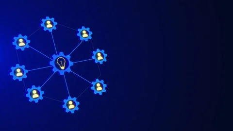 Business collaboration gear visual connected user symbols, central idea icon, bl Stock Footage 340569323