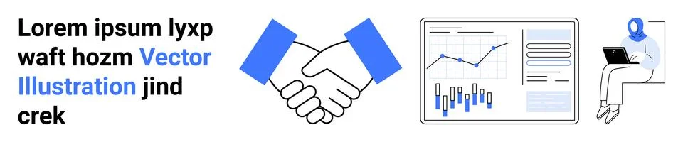 Business Collaboration with Handshake, Analytics, and Remote Work Elements Stock Illustration