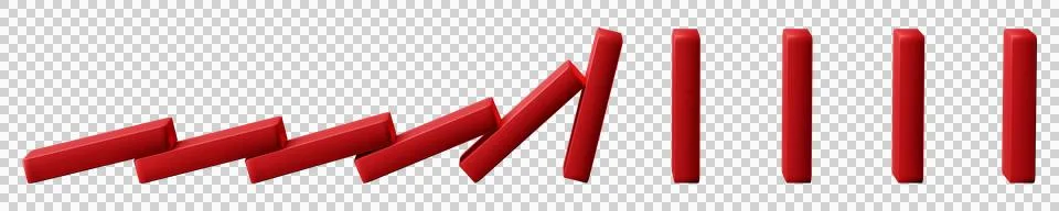 Business collapse concept falling red domino blocks isolated on transparent p Illustrazione stock