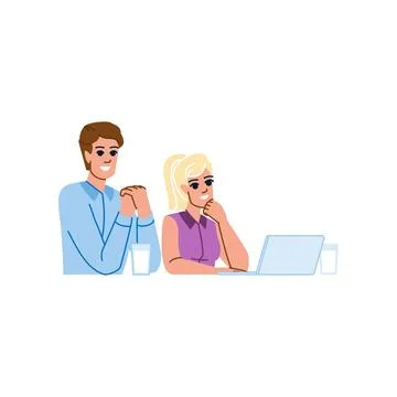 Business colleagues collaborating on project using laptop and enjoying drinks Stock Illustration