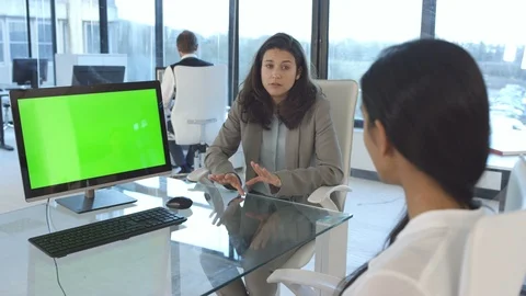 Business colleagues green screen computer on desk, having a discussion in office Stock Footage 108213778