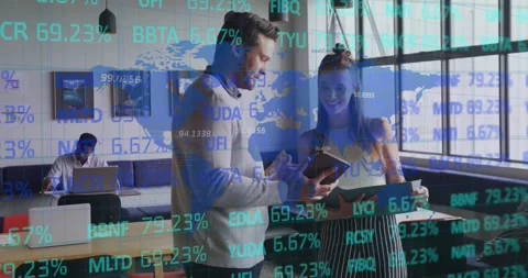 Business colleagues tapping tablet and activating map overlay for analyzing Stock Footage 328647076