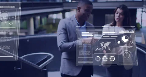 Business colleagues walking atrium railing activating 3D panels comparing pages Stock Footage 312656608