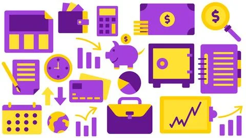 Business Commerce Elements - Newspaper Wallet Calculator Money Coin Search Dolla Stock Illustration