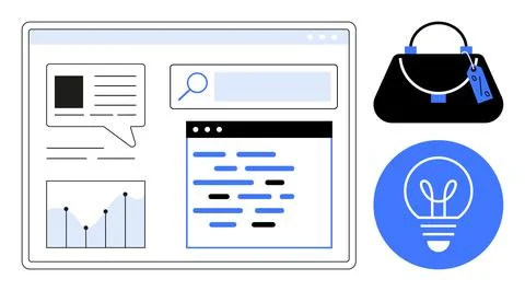 Business communication, e-commerce, digital marketing, innovation, data visua Illustrazione stock