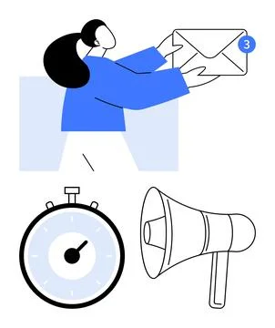 Business Communication Email Notification, Timer, and Megaphone Elements Stock Illustration