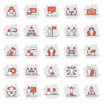 Business communication icon set in comic style. Team structure cartoon vector Illustrazione stock