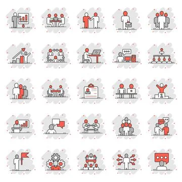 Business communication icon set in comic style. Team structure cartoon vector Illustrazione stock