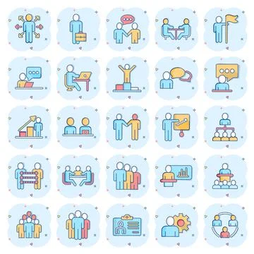 Business communication icon set in comic style. Team structure cartoon vector Illustrazione stock