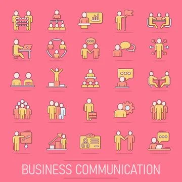 Business communication icon set in comic style. Team structure cartoon vect.. Illustrazione stock