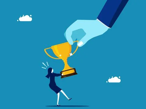 Business competition. Big hands pulling war trophies with small businesswoman Stock Illustration