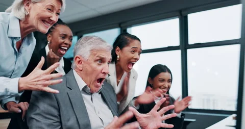 Business, computer and excited team with celebration for IPO launch, trading Stock Footage 307987071