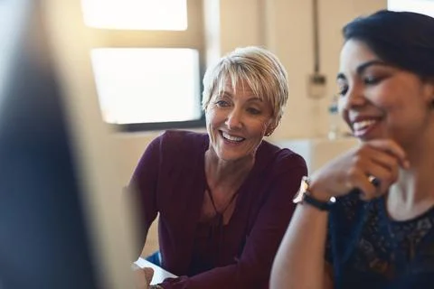 Business, computer and help with teamwork, women and funny with joke, laughing Stock Photos