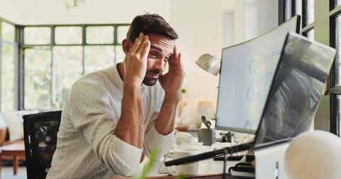 Business, computer screen and man with headache in home office for database Stock Photos