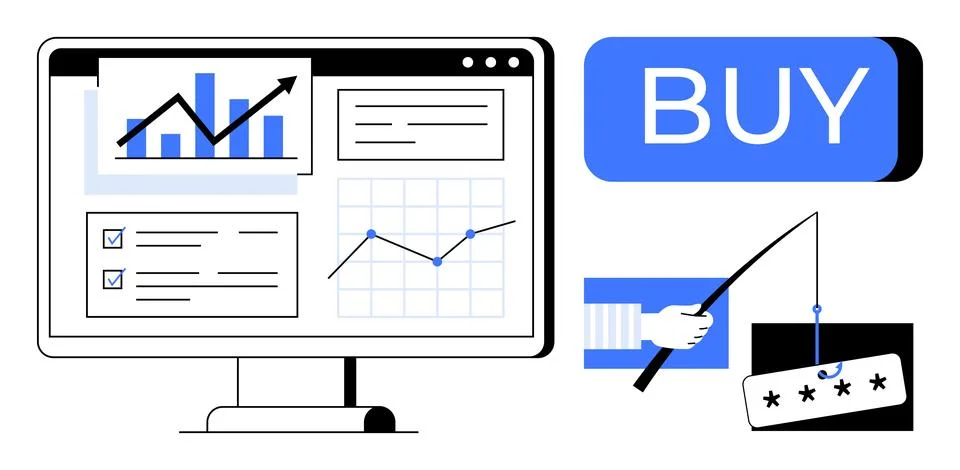 Business computer screen displaying various graphs and charts, adjacent to a  Stock Illustration