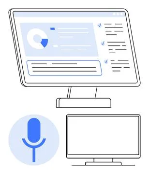 Business computer setup with desktop screen, checklist, pie chart, and micr.. 스톡 일러스트